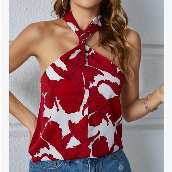 Boho Floral Print Halter Tank Top Blouse - Picture 2 of 9